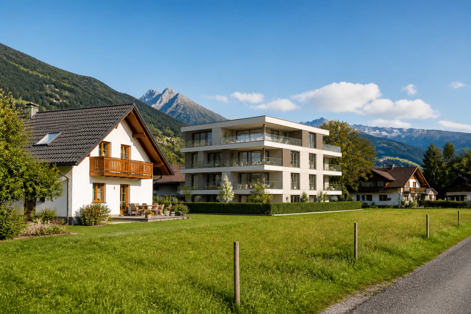 Verschiedene einfache Immobilienarten in einer österreichischen Wohnlandschaft